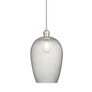 Vigo 1 Light E27 Polished Nickel Large Adjustable Pendant With Clear Ribbed Hand Blown Glass Shade