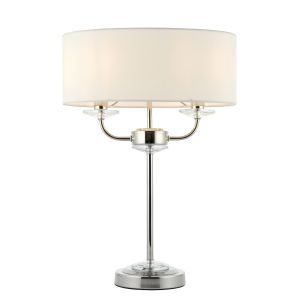 Nixon 2 Light E14 Bright Nickel Table Lamp With A Touch Of Crystal & Inline Switch C/W Vintage White Faux Silk Shade
