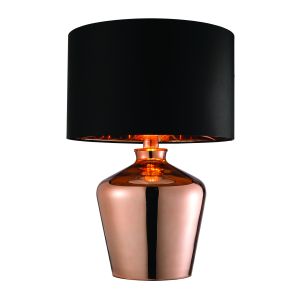 Waldorf  1 Light E27 High Shine Copper Effect Table Lamp With Inline Switch C/W Black Faux Silk Shade With A Copper Effect Reflective Inner