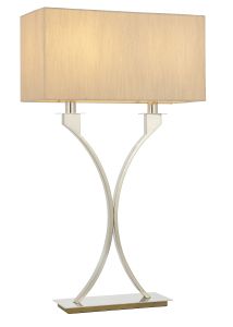 Vienna 2 Light E27 Polished Nickel Table Lamp With In-line Switch C/W Beige Irganza Effect Fabric Shade