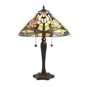 Ashton 2 Light E27 Dark Bronze Table Lamp With Pull Cord Switch C/W Tiffany Shade
