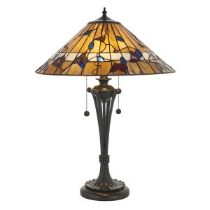 Bernwood 1 Light E14 Dark Bronze Medium Table Lamp With Pull Cord Lampholder Switch C/W Tiffany Shade
