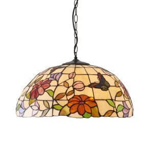 Butterfly 1 Light E27 Large Adjustable Pendant C/Wh Combined Flowers & Colourful Butterflies Tiffany Shade