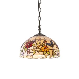 Butterfly 1 Light E27 Small Adjustable Pendant C/W Combined Flowers & Colourful Butterflies Tiffany Shade