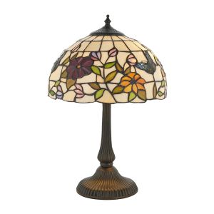 Butterfly 2 Light E14 Medium Table Lamp With Inline Switch C/W Combined Flowers & Colourful Butterflies Tiffany Shade