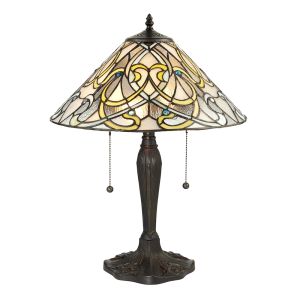 Dauphine 2 Light E27 Dark Bronze Medium Table Lamp With Pull Cord Switch C/W Shimmascotg Translucent Tiffany Shade