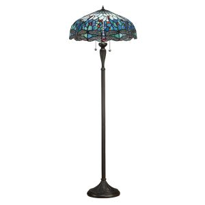Dragonfly 2 Light E27 Dark Bronze Floor Lamp With Lampholder Pull Cord Switch C/W Vivid Blues Tiffany Shade