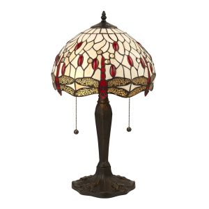 Dragonfly 2 Light E27 Dark Bronze Small Table Lamp With Lampholder Pull Cord Switch C/W Beige Tiffany Shade