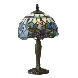 Dragonfly 1 Light E14 Dark Bronze Mini Table Lamp With Inline Switch C/W Blue Tiffany Shade