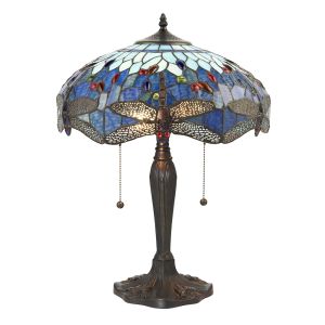 Dragonfly 2 Light E27 Dark Bronze Medium Table Lamp With Lampholder Pull Cord Switch C/W Blue Tiffany Shade