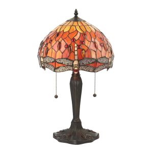 Dragonfly 2 Light E27 Dark Bronze Small Table Lamp With Lampholder Pull Cord Switch C/W Vibrant Reds & Oranges Tiffany Shade