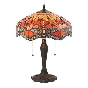 Dragonfly 2 Light E27 Dark Bronze Medium Table Lamp With Lampholder Pull Cord Switch C/W Vibrant Reds & Oranges Tiffany Shade