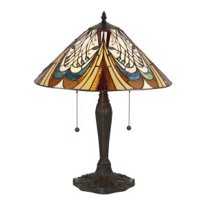 Hector 2 Light E27 Dark Bronze Medium Table Lamp With Lampholder Pull Cord Switch C/W Tiffany Shade