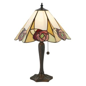 Ingram 1 Light E27 Dark Bronze Medium Table Lamp With Lampholder Pull Cord Switch C/W Art Deco Rose Tiffany Shade