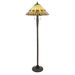 Jamelisbon 2 Light E27 Dark Bronze Floor Lamp With Lampholder Pull Cord Switch C/W Amber Tiffany Shade