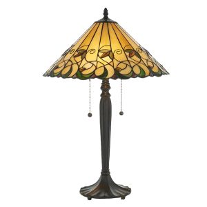 Jamelisbon 2 Light E27 Dark Bronze Medium Table Lamp With Lampholder Pull Cord Switch C/W Amber Tiffany Shade