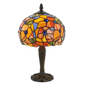 Josette 1 Light E27 Dark Bronze Small Table Lamp With Inline Switch C/W Flowered Tiffany Shade