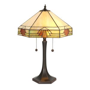 Nevada 2 Light E27 Dark Bronze Medium Table Lamp With Lampholder Pull Cord Switch C/W Art Deco Tiffany Shade