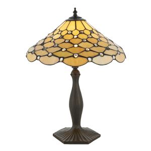 Pearl 1 Light E27 Dark Bronze Medium Table Lamp With Inline Switch C/W Geometric Design Tiffany Shade