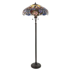 Sullivan 2 Light Dark Bronze Floor Lamp With Lampholder Pull Cord Switch C/W Coloured Brontel Tiffany Shade