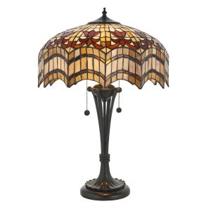 Vesta 2 Light E27 Dark Bronze Table Lamp With Lampholder Pull Cord Switch C/W Scalloped Edge Tiffany Shade