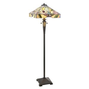 Willow 2 Light E27 Dark Bronze Floor Lamp With Lampholder Pull Cord Switch C/W Rose Design Square Tiffany Shade