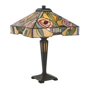 Willow 2 Light E27 Dark Bronze Medium Table Lamp With Inline Switch C/W Rose Design Square Tiffany Shade