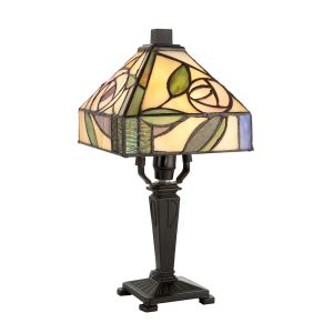 Willow 1 Light E14 Dark Bronze Mini Table Lamp With Inline Switch C/W Rose Design Square Tiffany Shade