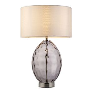Berk 1 Light E27 Polished Nickel & Grey Tinted Dimple Patterned Glass Table Lamp With 3 Stage Touch Dimmer Switch C/W Vintage White Fabric Drum Shade