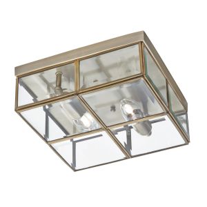Flush - 2 Light Flush Box, Antique Brass With Clear Bevelled Glass Panels