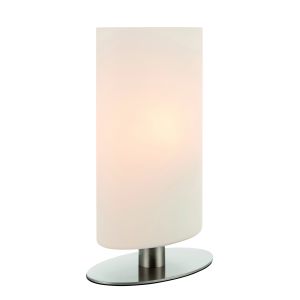 Palmer 1 Light E14 Satin Nickel Oval Shaped Table Lamp C/W Matt Opal Glass Shade