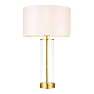 Lessina 1 Light E27 Brushed Gold Table Lamp With Clear Glass & 3 Stage Dimmer Switch C/W Vintage White Faux Silk Shade