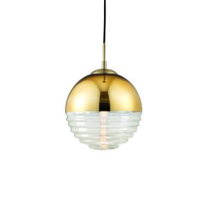 Paloma 1 Light E14 Polished Gold Plated With Clear Ribbed Spherical Glass Shade Adjustable Ceiling Pendant