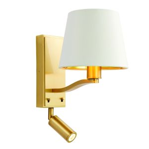 Harvey 2 Light E14 Brushed Gold Switched Wall Light With LED Reading Light C/W Faux Silk Vintage White Fabric Shade