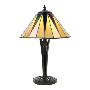 Dark Star 1 Light E14 Black Small Table Lamp With Inline Switch C/W Tiffany Shade & Iridised Glass Inserts