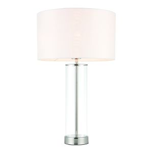 Lessina 1 Light E27 Bright Nickel Table Lamp With Clear Glass & 3 Stage Dimmer Switch C/W Vintage White Faux Silk Shade