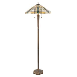 Lloyd 3 Light E27 Deep Antique Patina Floor Lamp With Lampholder Pull Cord Switch C/W Art Deco Tiffany Shade