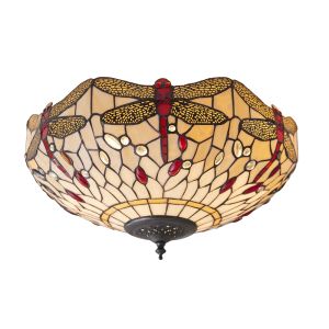 Dragonfly 2 Light E27 Dark Bronze Medium Flush Fitting C/W Beige Tiffany Shade