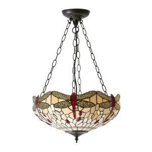 Dragonfly 3 Light E27 Dark Bronze Medium Adjustable Inverted Pendant C/W Beige Tiffany Shade