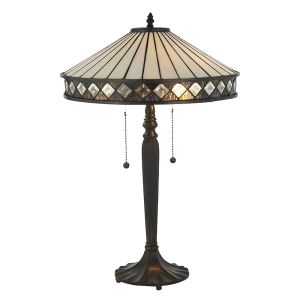 Fargo 2 Light E27 Dark Bronze Medium Table Lamp With Lampholder Pull Cord Switch C/W Diamond Shape Tiffany Shade