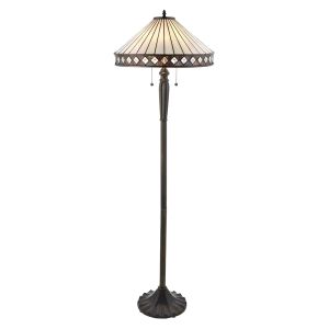 Fargo 2 Light E27 Dark Bronze Floor Lamp With Lampholder Pull Cord Switch C/W Diamond Shape Tiffany Shade