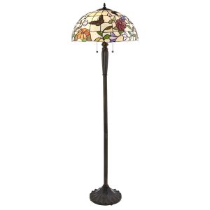 Butterfly 2 Light E27 Dark Bronze Floor Lamp With Lampholder Pull Cord Switch C/W Combines Flowers & Butterflies Tiffany Shade