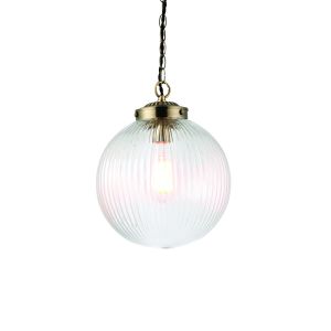 Brydon 1 Light E27 Antique Brass Adjustable Pendant With A Ribbed Round 250mm Glass Shade