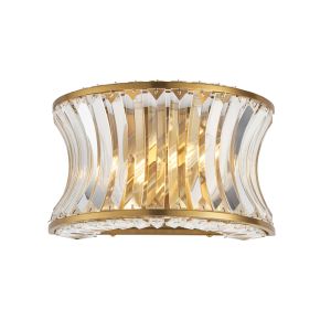 Cosimo 2 Light E14 Brushed Warm Brass Wall Light With Concave Clear Glass & Clear Cut Faceted Glass Crystals