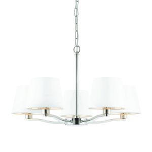 Harvey 5 Light E14 Bright Nickel Adjustable Ceiling Pendant C/W Faux Silk Vintage White Fabric Shades