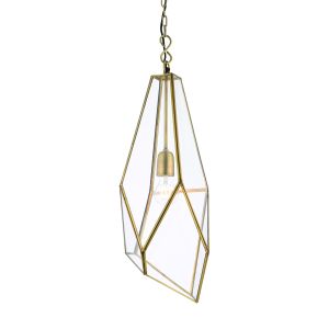 Avery 1 Light E27 Antique Brass Angular Cage Pendant With Glass Panels