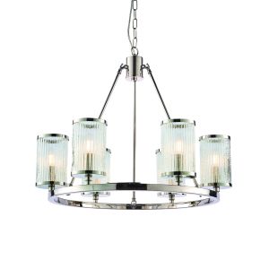 Easton 6 Light E14 Bright Nickel Adjustable Ceiling Light With Clear Ribbed Glass Shades With Bubble Details