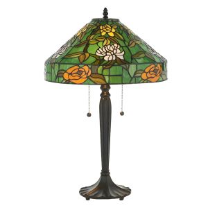 Agapantha 2 Light E27 Dark Bronze Medium Table Lamp C/W Green Tiffany Shade