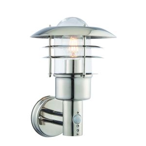 Dexter 1 Light E27 Polished Stainless Steel IP44 Outdoor Wall Light With PIR C/W Clear Glass Shade