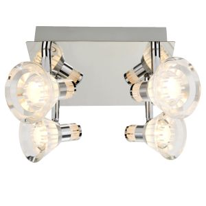 Dimmable Flute IP44 Dimmable 4 Light LED Spots Sq Plate, Chrome, Clear Acrylic Shade